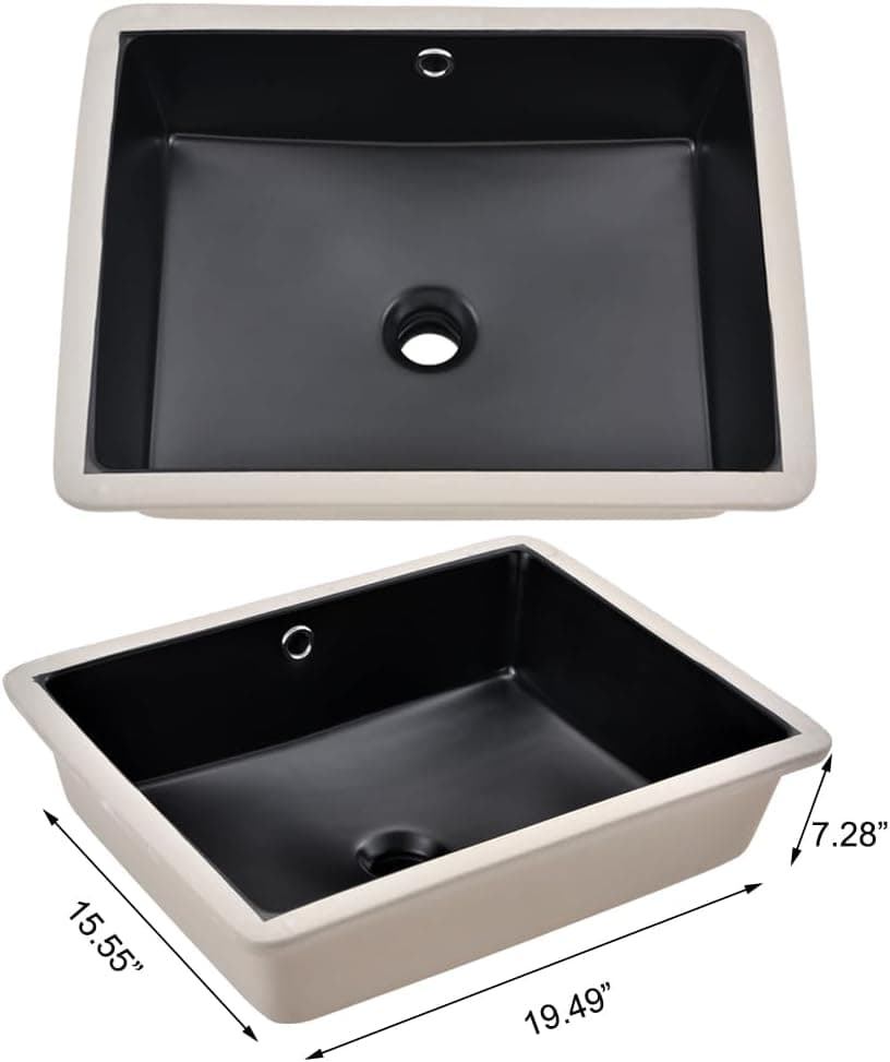 Undermount Bathroom Sink Rectangle, 20"x15" Black Bathroom Vessel Sink Porcelain Ceramic Modern Art Lavatory Vanity Under Counter Basin with Overflow