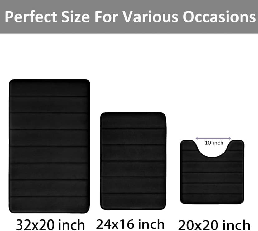 Bathroom Rugs Set Memory Foam Bath Rugs Non-Slip Bath Mat Set 3 Piece,Washable Bathroom Mats,Absorbent Shaggy Rugs Super Soft U-Shaped Toilet Rug,Bahroom Carpets for Bathroom,Tub,Shower（Black）