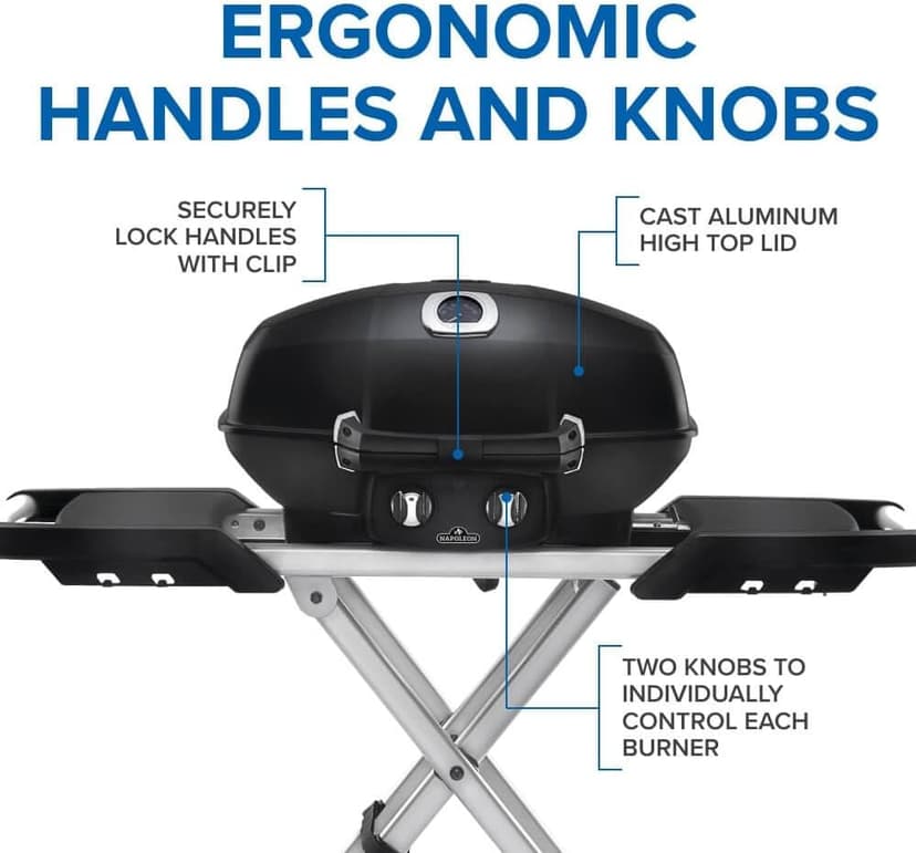 Napoleon TravelQ PRO285X Portable Propane Gas Grill with Foldable Scissor Cart, Black, 2 Burners, Tailgating, Camping, and Small Outdoor Spaces