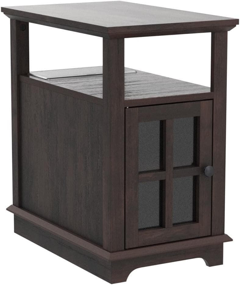 HIFYOBRO Narrow End Table with Flip Top Charging Station, Adjustable Shelf, Type-C & USB Port & Power Outlets, Side Table with Storage for Living Room/Bedroom/Home Office