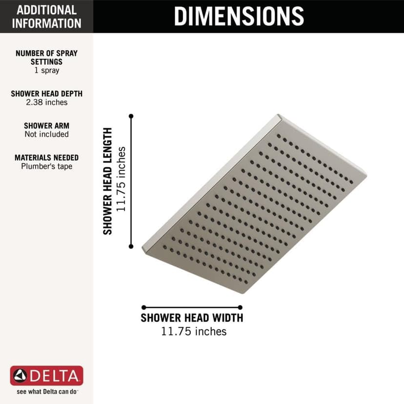 Delta Brushed Nickel Square Rain Shower Head, 12 Inch Metal Large Shower Head Rainfall, Overhead Rain Showerhead, 2.5 GPM Flow Rate, Stainless 52159-SS25