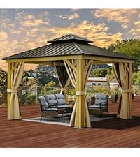 YITAHOME 10x12 Polycarbonate Gazebo Hardtop Outdoor Canopy with Netting and Shaded Curtains, Aluminum Frame Garden Tent for Patio, Backyard, Deck and Lawns, Brown