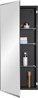 Black Bathroom Medicine Cabinet with Beveled Edge Mirrored Door 16 x 36 inch, Recessed or Surface Mount, with Adjustable Glass Shelves