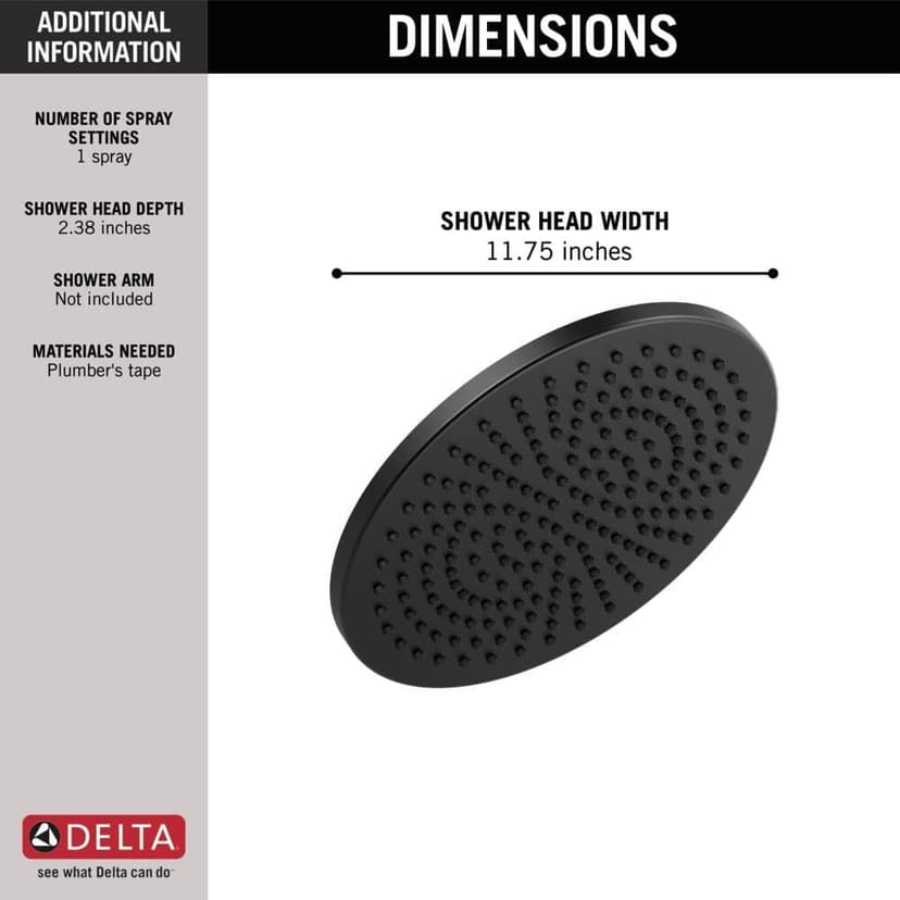 Delta Matte Black Round Rain Shower Head, 12 Inch Metal Large Shower Head Rainfall, Overhead Rain Showerhead, 2.5 GPM Flow Rate, Matte Black 52158-BL25
