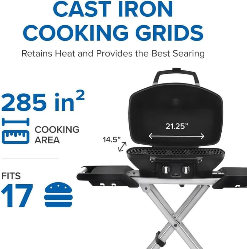 Napoleon TravelQ PRO285X Portable Propane Gas Grill with Foldable Scissor Cart, Black, 2 Burners, Tailgating, Camping, and Small Outdoor Spaces