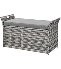 DWVO 70Gal Outdoor Storage Bench with Cushion & Composite Wood Backrest, All-Weather Wicker Deck Bench with Rustproof Bag, Poolside, Patio, Garden (Sand Beige)