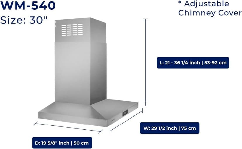 Hauslane 30” Wall Mount Range Hood Low Noise Performance Contemporary Design, Full-Size Handle Professional-Grade Baffle Filters, LED Lamps, Stainless Steel Chef Series WM-540 Ducted or Ductless