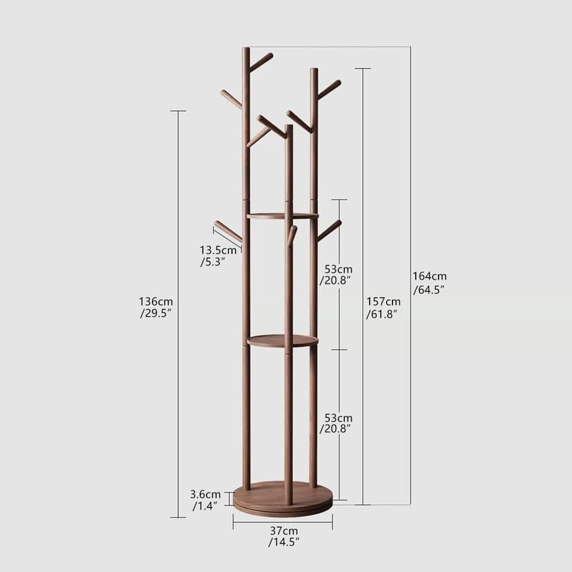 Rotatable Coat Rack, Floor Standing Household Shelf, Solid Wood Frame Standing Coat Rack, Living Room Entrance Bedroom Riser Hanging Rack, Walnut Color