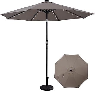 Backyard Expressions 9ft Solar Patio Umbrella with 32 LED Lights - Beige – Outdoor Market Umbrella with Tilt & Crank, Solar-Powered Lighting