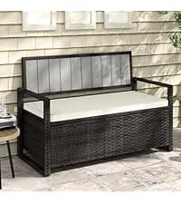 DWVO 70Gal Outdoor Storage Bench with Cushion & Composite Wood Backrest, All-Weather Wicker Deck Bench with Rustproof Bag, Poolside, Patio, Garden (Sand Beige)