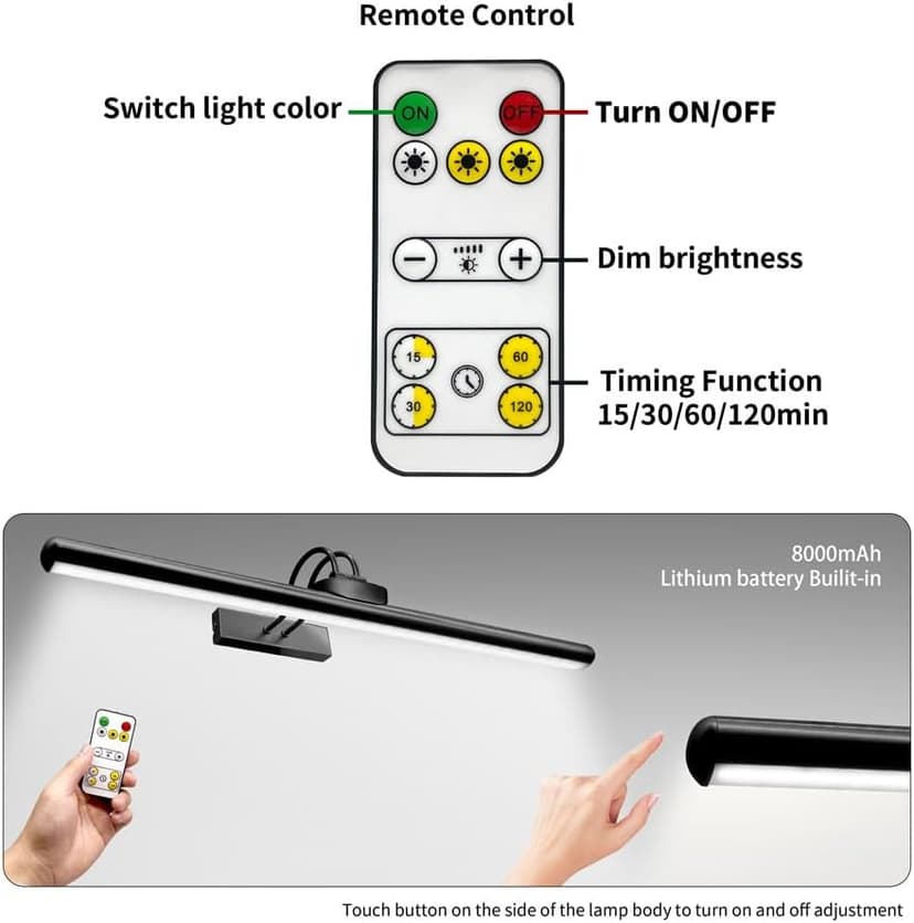 26" Wireless Picture Lights, Rechargeable Battery Art Display Light with Remote Control, Dimmable/Timer Off Dartboard Light, 3 Lighting Modes Full Metal Painting Display Lights (Nickel-1 Pack)