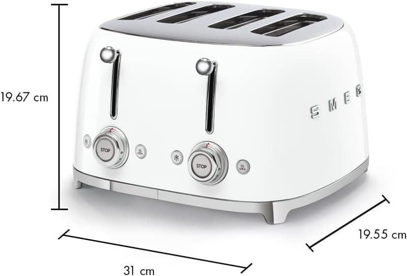 Smeg 50's Style Retro Aesthetic 4 Slice Toaster 6 Presets Extra Wide Slots White TSF03WHUS