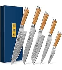 5 Pieces Kitchen Knife Sets, Ultra Sharp Professional Damascus Super Steel Chef Knives Sets with Ergonomic Olive Wood Handle, Including Chef, Bread, Santoku, Utility & Paring Knives