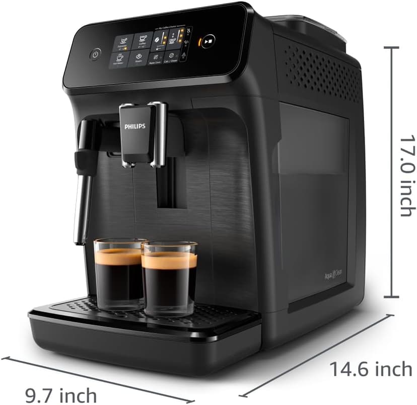 PHILIPS 1200 Series Fully Automatic Espresso Machine, Classic Milk Frother, 2 Coffee Varieties, Intuitive Touch Display, 100% Ceramic Grinder, AquaClean Filter, Aroma Seal, Black (EP1220/04)
