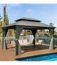 YITAHOME 10x12 Polycarbonate Gazebo Hardtop Outdoor Canopy with Netting and Shaded Curtains, Aluminum Frame Garden Tent for Patio, Backyard, Deck and Lawns, Brown