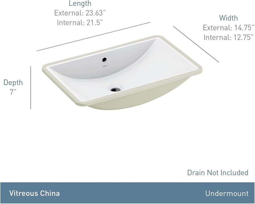 Moen White Vitreous China Undermount Sink, 23.625 X 14.75 X 7 Inch Rectangle Bathroom Sink with a High Gloss Porcelain Finish for Vanity Countertop Placement, BGCW10RU1223