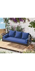 3 in 1 Outdoor Porch Swing with Adjustable Canopy, 3 Seat Outdoor Swing for Adults, Patio Swing Chair with Thickened Cushions,Pillows & Cup Holders for Backyard, Porch, Garden (Wine Red)