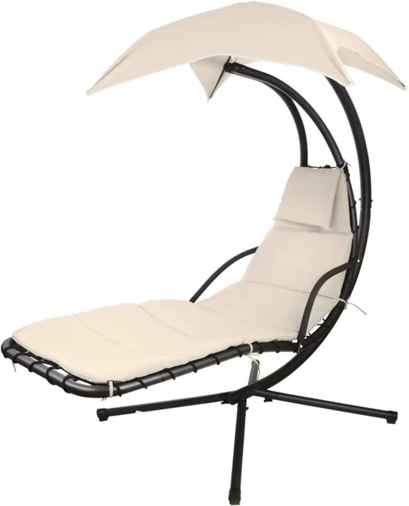Patio Hanging Chaise Outdoor Lounger Padded Cushion Swing Hammock Chair w/Sun Shade Canopy Umbrella Stand [Beige]