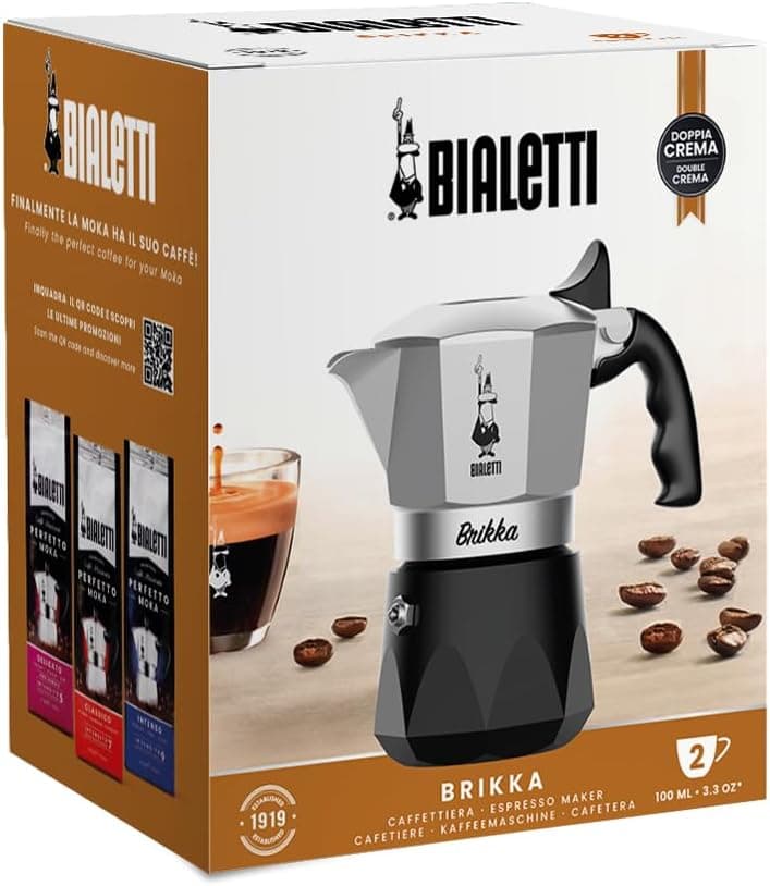 Bialetti Brikka Moka Pot - Crema-Rich Stovetop Espresso Maker, Italian Coffee Maker, 2 Espresso Shots (3.4 oz - 100 ml), Black