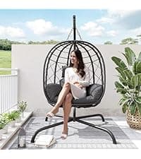 Oversized Hanging Egg Chair Outdoor Wicker Swing Chair with Stand Rain Cover UV Resistant Cushion 400lbs Capacity for Patio, Garden and Balcony