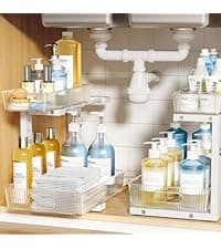 2 Pack Under Sink Organizer with Smooth Ball Bearing Slides, 2-Tier Pull Out Cabinet Storage, Slide Out Drawers for Bathroom and Kitchen, Under Sink Shelf, Rust-resistant Coating, Height Adjustable