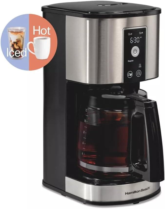 Hamilton-Beach 12-Cup Programmable Hot & Iced Coffee Maker, 950W Electric Drip Machine with Dishwasher-Safe Parts, 24-Hour Delay Brew, Touch-Activated Display for Regular Bold Iced Coffee Auto-Off.