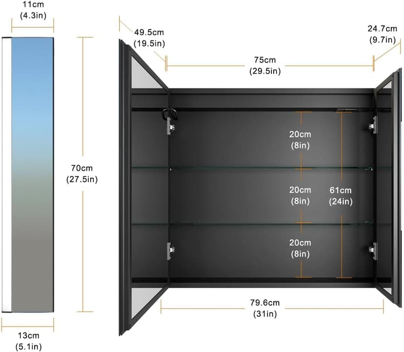 KWW Inch LED Lighted Bathroom Medicine Cabinet with Mirror (31 * 28), Sliver, KWWMC80