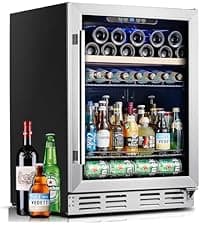 Kalamera 24 inch Wine Cooler, 46 Bottle - Dual Zone Built-in or Freestanding Fridge with Stainless Steel Reversible Glass Door, for Home, Kitchen, or Office.