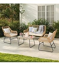 3 Piece Outdoor Wicker Furniture Bistro Set, Rattan Chairs Conversation Sets Wicker Patio Furniture for Balcony Poolside Backyard, Yellow/Beige