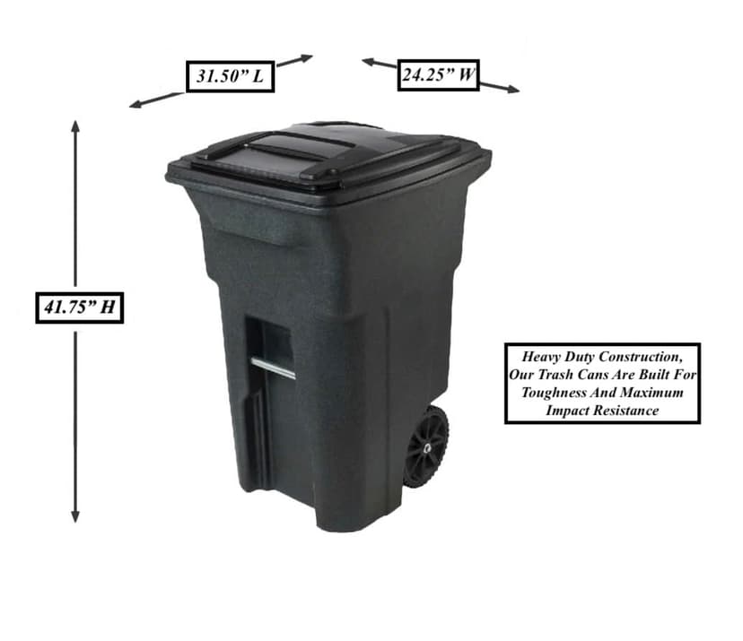 64 Gallon Garbage Cans Trash Cans 2 Rugged Wheels Ergonomic Handle and Lid Heavy Duty Construction Built for Toughness and Maximum Impact Resistance Perfect for Both Indoor Or Outdoor Use