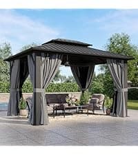 Aoxun Hardtop Gazebo 10x12, Aluminum Frame Canopy with Double Galvanized Steel Roof, Outdoor Gazebo with Breathable Netting and Privacy Curtain for Backyard
