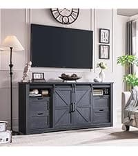 Farmhouse TV Stand for 75+ Inch TV, 32" Tall Entertainment Center w/4 Drawers & Sliding Barn Door, Rustic Media Console w/Storage Shelves, 66" Wood Television Stand for Living Room, Off White
