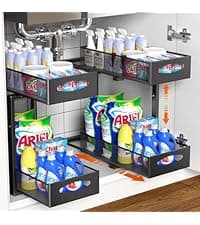 2 Pack Under Sink Organizer, 2 Tier Metal Pull Out Under Sink Storage with Sliding Mesh Drawers, Height Adjustable Slide Out Under Sink Organizer for Kitchen Bathroom Cabinet, Black