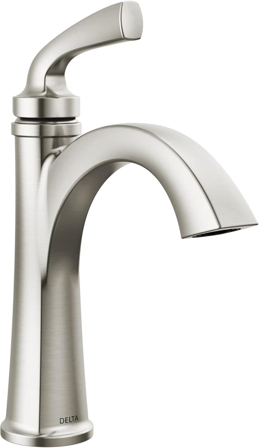 Delta Geist Brushed Nickel Bathroom Faucet 1 Hole, Single Hole Bathroom Sink Faucet for Vanity, Push-Pop Drain Assembly, SpotShield Brushed Nickel 15864LF-SP