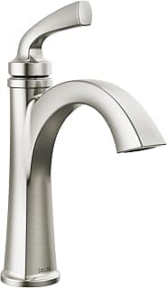 Delta Geist Brushed Nickel Bathroom Faucet 1 Hole, Single Hole Bathroom Sink Faucet for Vanity, Push-Pop Drain Assembly, SpotShield Brushed Nickel 15864LF-SP
