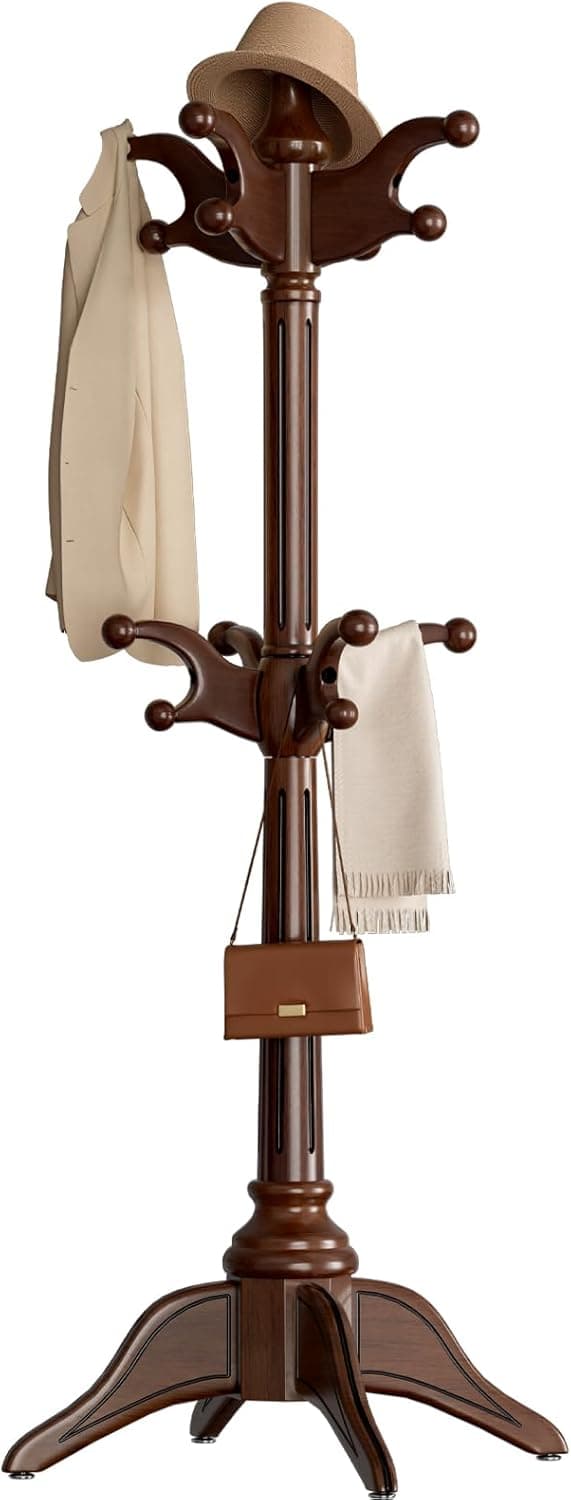 Solid Wood Rotary Coat Rack Freestanding, Heavy Duty Coat Hanger Stand with 2 layer Multi-direction Hooks, 360° Rotating Standing Coat Rack Tree for Entryway, Bedroom, Office, H: 77.6in (Walnut)