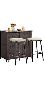 Yaheetech 3 Piece Patio Rattan Bistro Set, Outdoor All Weather PE Wicker Conversation Furniture Set with 2 Chairs & Tempered Glass Top Table & Cushions, for Poolside/Porch/Garden/Yard, Tan/Cream