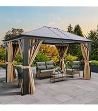 YITAHOME 10x12 Polycarbonate Gazebo Hardtop Outdoor Canopy with Netting and Shaded Curtains, Aluminum Frame Garden Tent for Patio, Backyard, Deck and Lawns, Brown