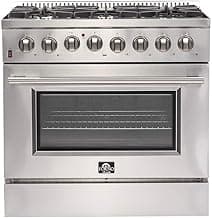 FORNO Galiano Dual Fuel 36" Inch. Freestanding Range 6 Sealed Brass Burners Cooktop - 5.36 Cu. Ft. Convection Electric Oven - Stainless Steel Stove Range Heavy Duty Cast Iron Grates
