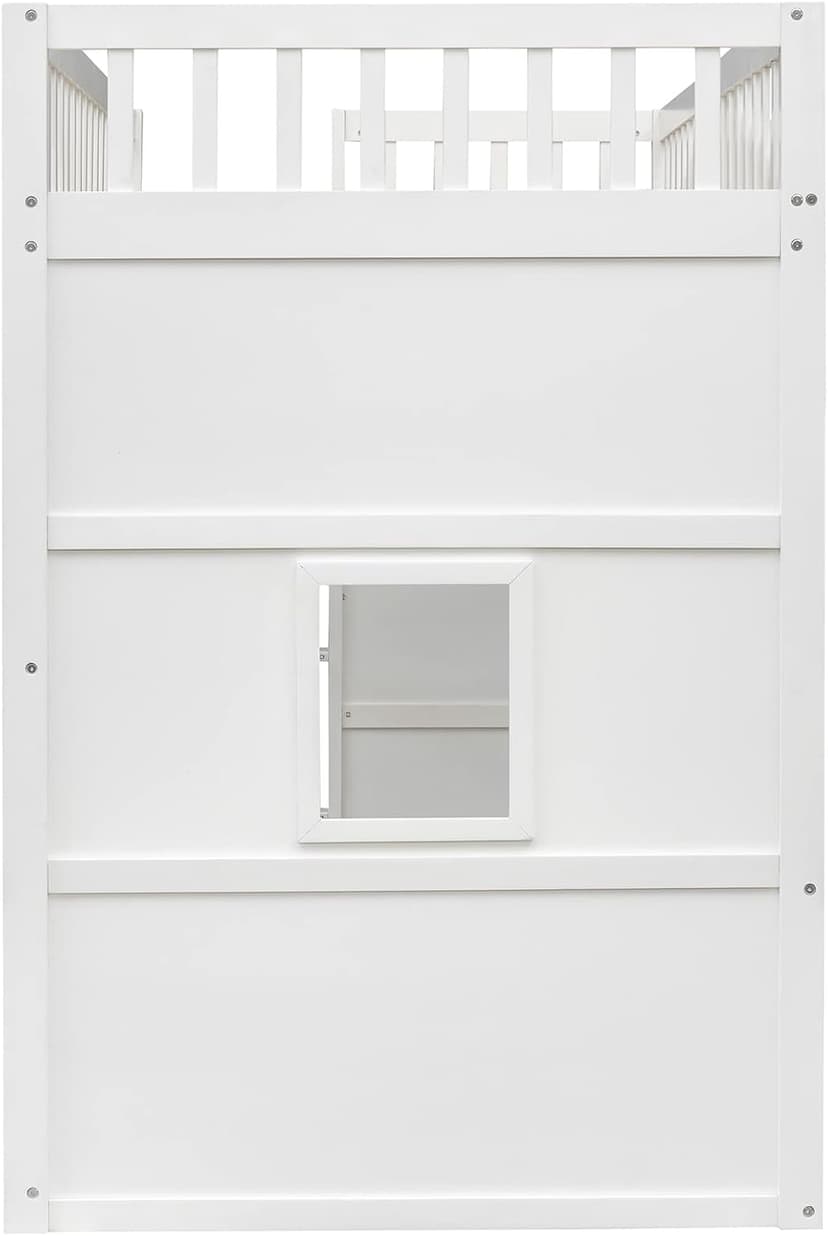Merax Twin Size Wood Loft Bed, House Bed Frame with Ladder and Safety Guardrails for Kids, No Box Spring Needed, White