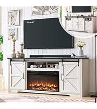 Farmhouse TV Stand for 75+ Inch TV, 32" Tall Entertainment Center w/4 Drawers & Sliding Barn Door, Rustic Media Console w/Storage Shelves, 66" Wood Television Stand for Living Room, Off White