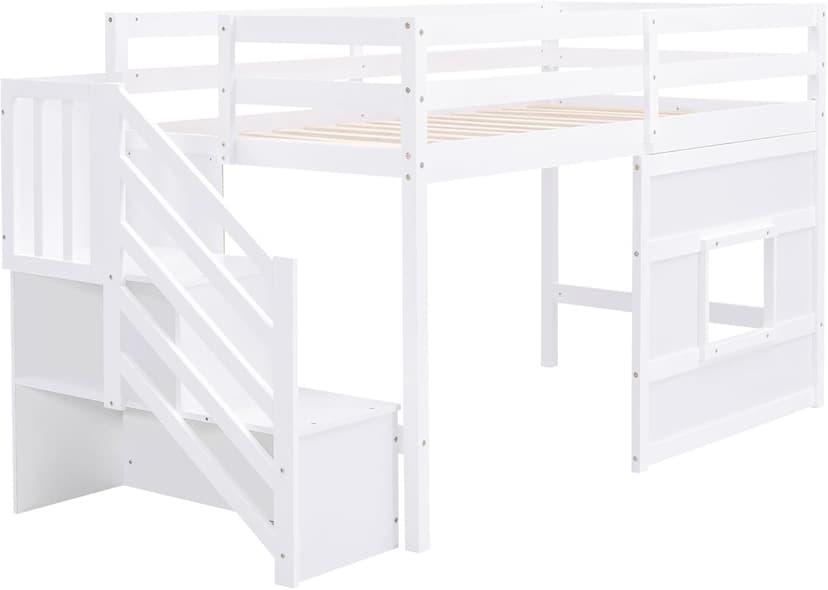 Twin Size Low Loft Bed with Stairs, Kids Loft Bed with Storage,Solid Wood Twin Loft Bed Frame for Kids, Space Saving Low Loft Bed for Boys, Girls, White