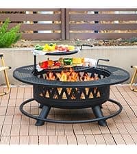 47 Inch Fire Pit with 2 Grills, Outdoor Extra Large Firepits for Outside, Wood Burning Fireplace for Camping,Picnic,Bonfire, 3-in-1 Round Metal Table with Lid for Backyard,Patio,Party
