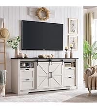 Farmhouse TV Stand for 75+ Inch TV, 32" Tall Entertainment Center w/4 Drawers & Sliding Barn Door, Rustic Media Console w/Storage Shelves, 66" Wood Television Stand for Living Room, Off White