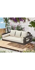 3 in 1 Outdoor Porch Swing with Adjustable Canopy, 3 Seat Outdoor Swing for Adults, Patio Swing Chair with Thickened Cushions,Pillows & Cup Holders for Backyard, Porch, Garden (Wine Red)