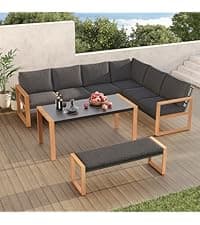 Grand patio 4-Piece Outdoor Furniture Set with Gas Fire Pit Table, Aluminum Patio Sofa Set for 8 with Faux Wood Grain Finish, Modern Patio Couch Sofa with Outdoor Bench and Chaise for Backyard