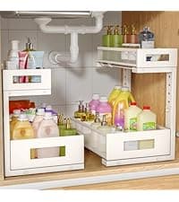 2 Pack Under Sink Organizer with Smooth Ball Bearing Slides, 2-Tier Pull Out Cabinet Storage, Slide Out Drawers for Bathroom and Kitchen, Under Sink Shelf, Rust-resistant Coating, Height Adjustable