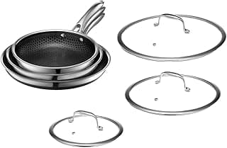 HexClad Hybrid Nonstick 6-Piece Fry Pan Set, 8, 10, and 12-Inch Frying Pans with Tempered Glass Lids, Stay-Cool Handles, Dishwasher-Friendly, Induction Ready, Compatible with All Cooktops