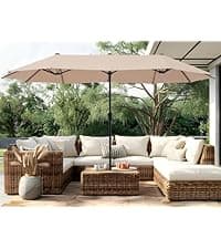 PHI VILLA 13ft Large Patio Umbrella Double-Sided Twin Outdoor Market Umbrella with Crank, Beige