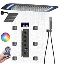 AYIVG Matte Black Thermostatic Rainfall Full Body Shower System With 2 In 1 Waterfall Rainfall Ceiling Mount 16 X 24 Inch Rain Shower Head 6 Jets Temperature Display Shower Faucet Set